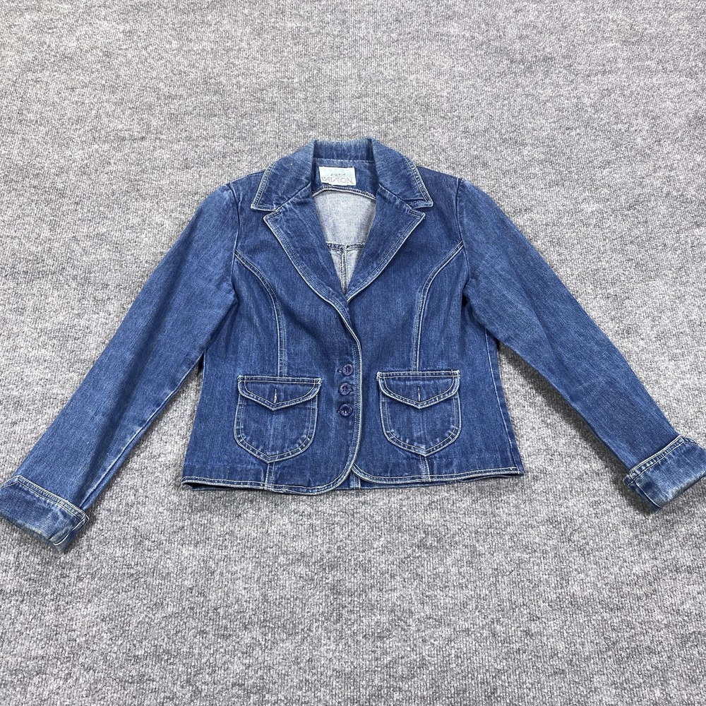 Vintage‎ L'Avion Jacket Womens Blue Denim Blazer Style Contrast Stitch Pockets